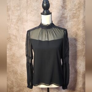 WHBM Black Sheer Lace Blouse – High Neck Romantic Top – Size XXS